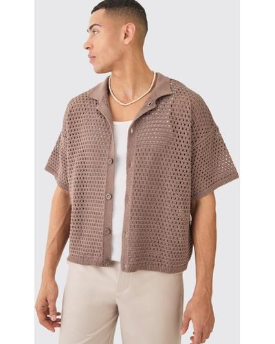 BoohooMAN Oversized Boxy Textured Open Stitch Knit Shirt In Chocolate - Brown