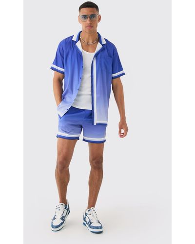 Boohoo Oversized Ombre Short Sleeve Satin Shirt & Short Set - Blue