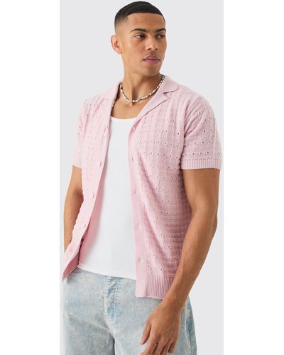 BoohooMAN Open Stitch Button Down Knitted Shirt In Pink