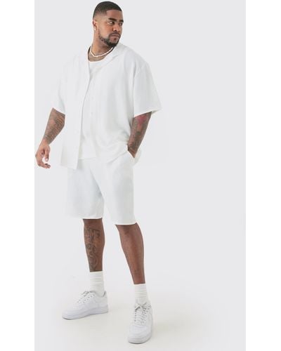 BoohooMAN Plus Short Sleeve Drop Revere Linen Shirt & Short Set In White