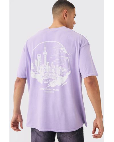 BoohooMAN Oversized City Stencil Wash T-shirt - Purple