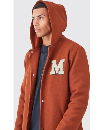 BoohooMAN Longline Melton Varsity Overcoat With Hood - Orange