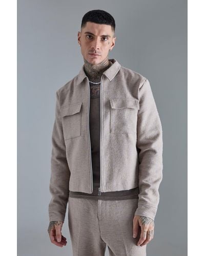 BoohooMAN Tall Textured Cotton Jacquard Smart Cargo Jacket - Grey