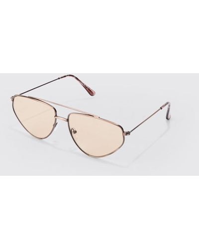 BoohooMAN Triangle Metal Sunglasses In Light Brown - White