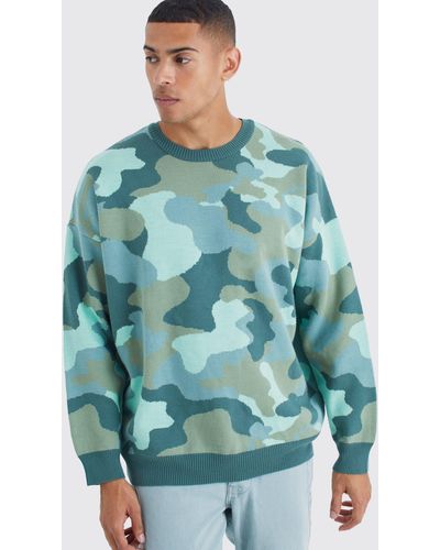 Boohoo Oversized Camo Print Distresed Knit Sweater - Green