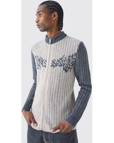 BoohooMAN Muscle Fit 2 Tone Rib Extended Neck Jumper - Blue