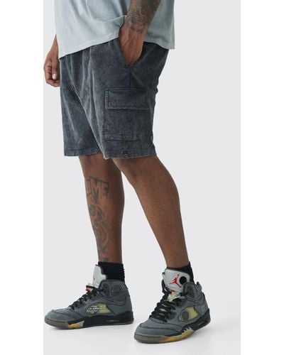 BoohooMAN Plus Washed Relaxed Jersey Cargo Shorts - Blue