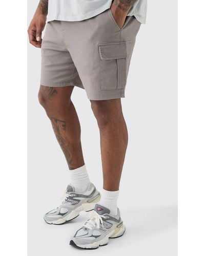 BoohooMAN Plus Elastic Waist Grey Slim Fit Cargo Shorts - Grau