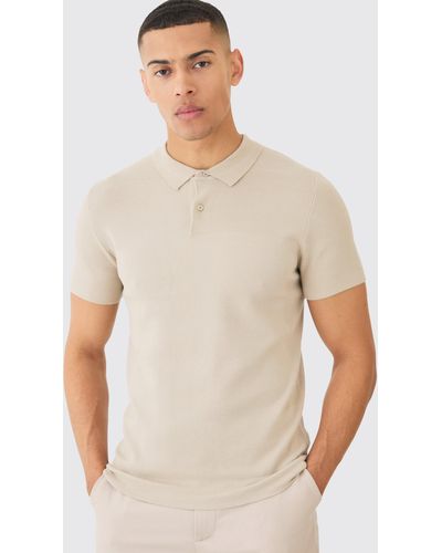 BoohooMAN Regular Fit Button Up Knitted Polo - Natural