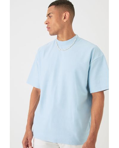 BoohooMAN Oversized Jacquard Raised Striped Extended Neck T-shirt - Blue