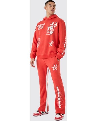 Boohoo Oversized Graffiti Hoodie Tracksuit - Red