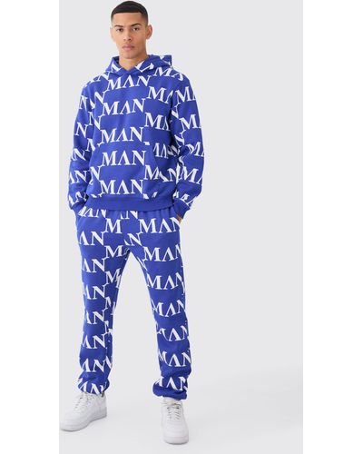 BoohooMAN Roman All Over Print Hooded Tracksuit - Blue