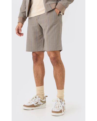 Boohoo Stretch Textured Check Fixed Waist Shorts - Neutro