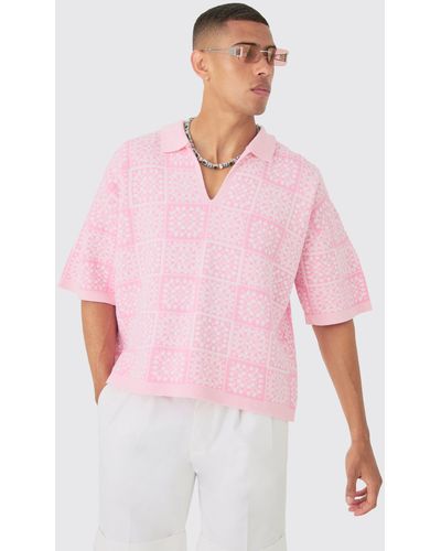 BoohooMAN Oversized Boxy Crochet Knitted Polo - Pink