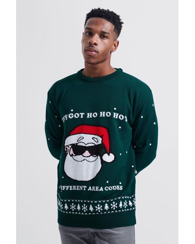 BoohooMAN Ho's In Area Codes Christmas Sweater - Green