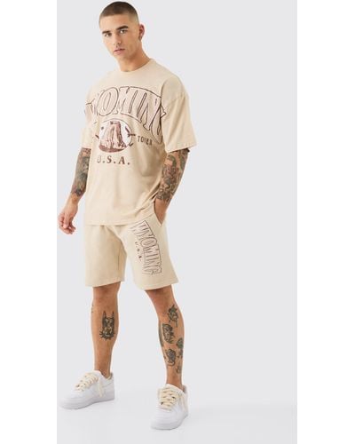 BoohooMAN Oversized Extended Neck Wyoming Large Graphic Shorts Set - Natural