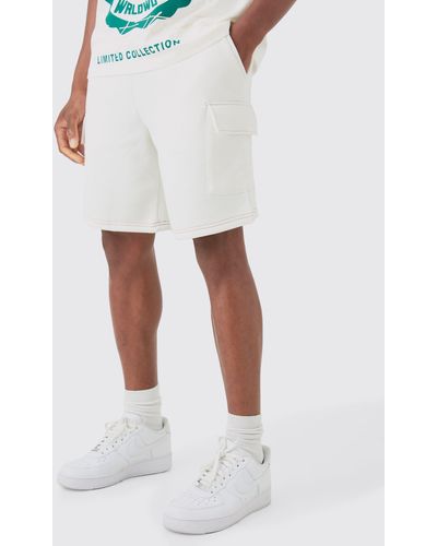 BoohooMAN Loose Fit Mid Length Contrast Stitch Cargo Short - White