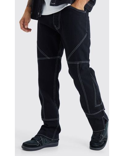 BoohooMAN Straight Rigid Contrast Stitch Zip Hem Jeans - Black