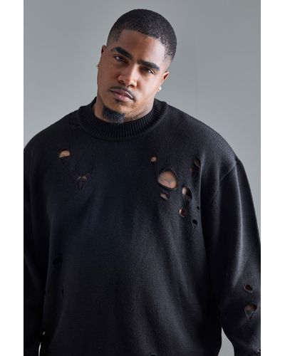 BoohooMAN Plus Oversized Distressed Drop Shoulder Knitted Jumper In B - Blue