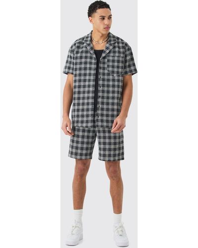 BoohooMAN Oversized Textured Contrast Flannel Shirt And Short - Blue