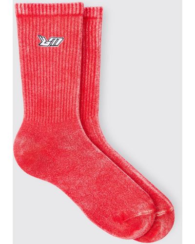BoohooMAN Acid Wash Bm Embroidered Socks In Red - Rot