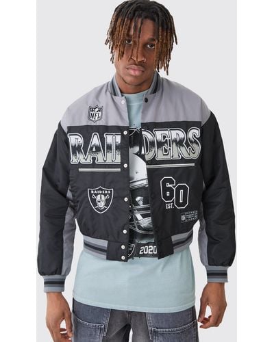 BoohooMAN Nfl Boxy Raiders Varsity Nylon Embroidered Jacket - Grey