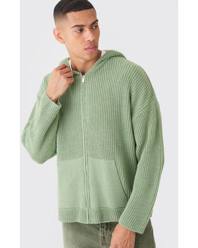 BoohooMAN Boxy Ribbed Knitted Zip Through Hoodie - Green