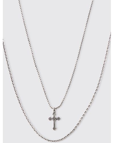 BoohooMAN 2 Pack Cross Pendant Necklace In Silver - White