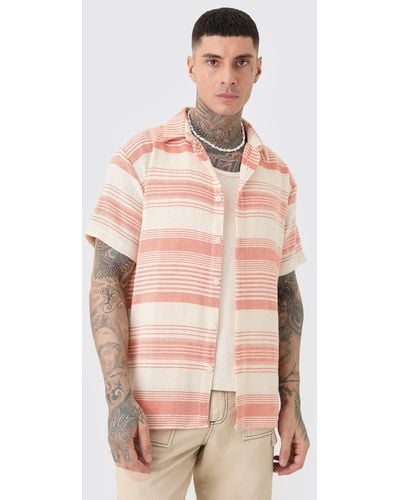 BoohooMAN Tall Short Sleeve Oversized Textured Stripe Shirt In Stone - Pink