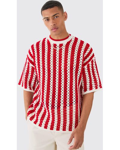 BoohooMAN Oversized Open Stitch Stripe Knitted T-shirt - Red