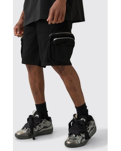 Boohoo Tall Slim Fit 3d Cargo Pocket Denim Shorts In Black