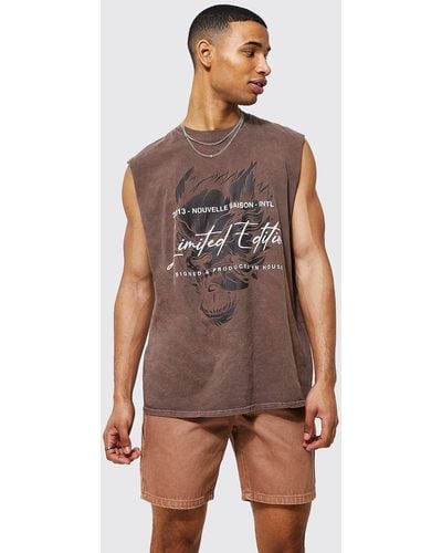 BoohooMAN Oversized Limited Graphic Overdye Tank - Brown