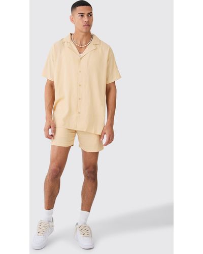 BoohooMAN Plain Viscose Oversized Shirt And Short - Natural