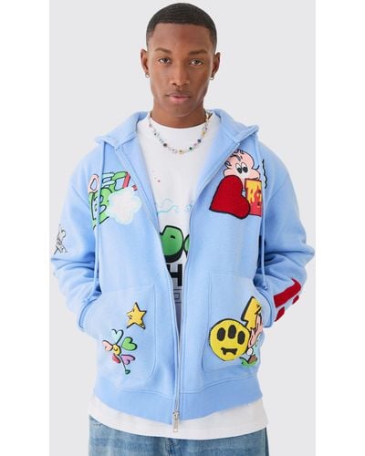 BoohooMAN Oversized Zip Through Embroidered Spray Hoodie - Blue