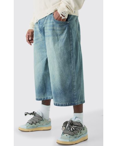 Boohoo Plus Long Line Denim Jorts In Antique Blue Wash