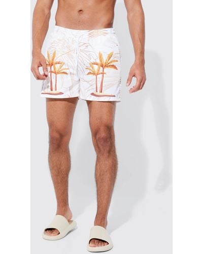 Boohoo Short Length Palm Swim Shorts - White