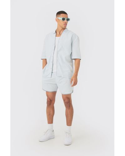 BoohooMAN Dropped Revere Linen Piped Shirt & Smart Short Set - Weiß