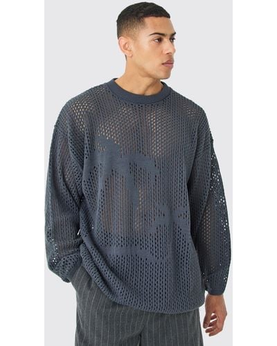 BoohooMAN Oversized Open Stitch Palm Knitted Jumper - Grey