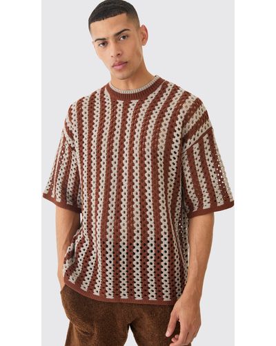 BoohooMAN Oversized Open Stitch Stripe T-shirt - Brown