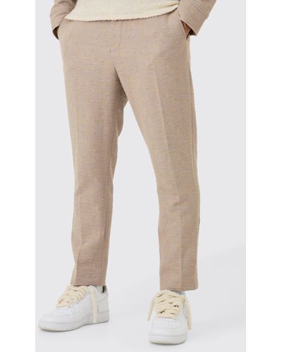 BoohooMAN Textured Cotton Jacquard Smart Tapered Trousers - Natur