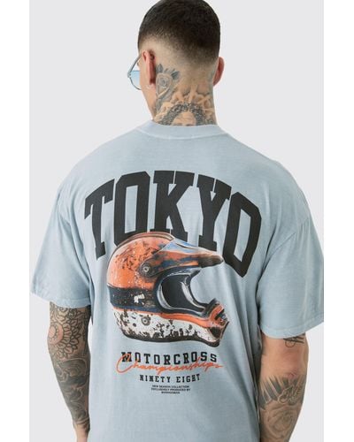 BoohooMAN Tall Tokyo Moto Overdye Graphic Oversized T-shirt - Gray