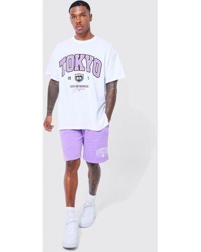 BoohooMAN Oversized Overdyed Tokyo Varsity T-shirt Set - Purple