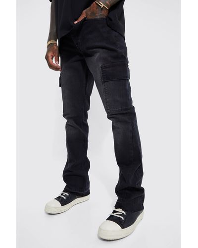 Boohoo Slim Rigid Flare Cargo Jeans - Black