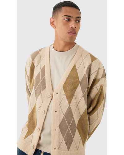 BoohooMAN Boxy Oversized Brushed Flannel All Over Jacquard Cardigan - Natural