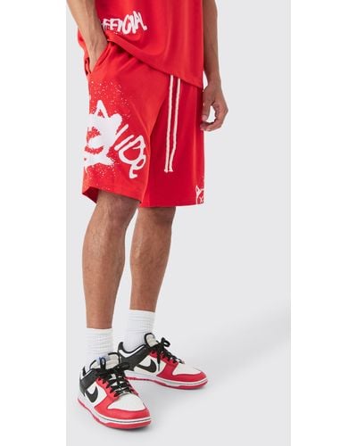 BoohooMAN Basketball Mesh Worldwide Graffiti Shorts - Rot