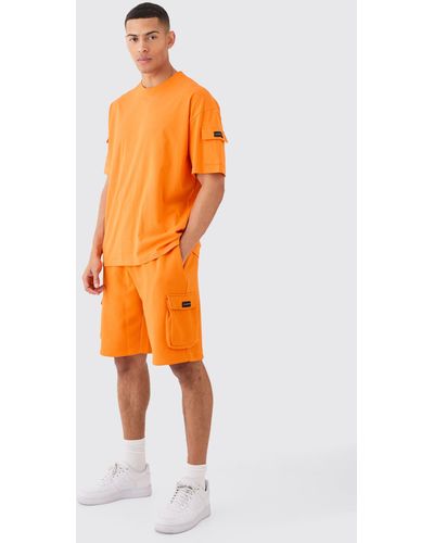 BoohooMAN Man Oversized Cargo T-shirt And Relaxed Short Set - Orange