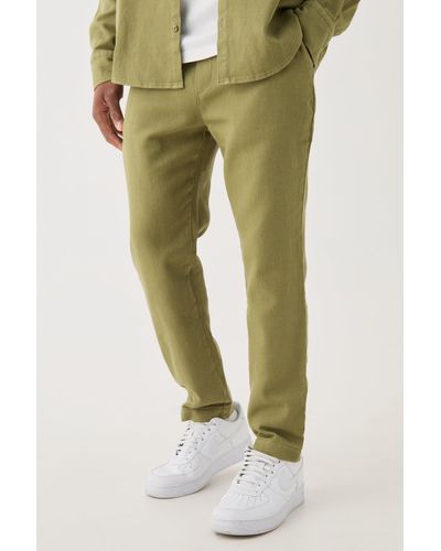 BoohooMAN Textured Elasticated Waist Straight Fit Trousers - Green