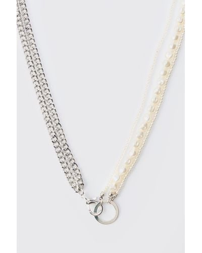 BoohooMAN Half Pearl Half Chain Necklace - White