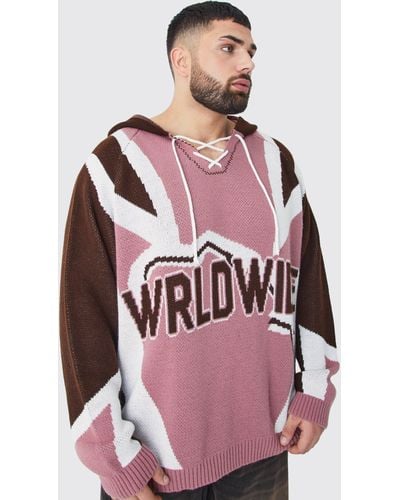 BoohooMAN Plus Oversized Lace Up Hockey Jumper With Hood - Red