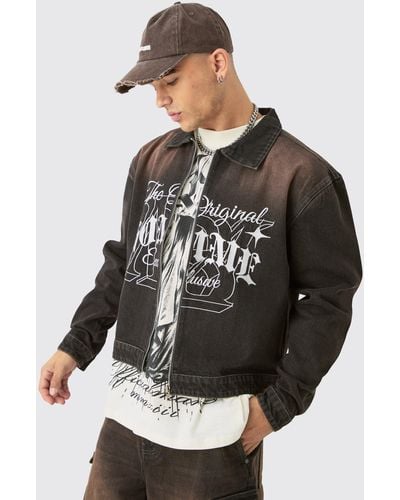 BoohooMAN Homme Embroidered Boxy Fit Denim Jacket In Brown - Schwarz